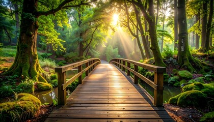 Obraz premium Enchanting Wooden Bridge Bathed in Golden Sunbeams Through Lush Forest Canopy.