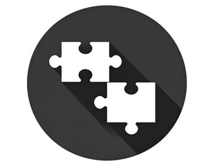 Two puzzle pieces connected inside a black circle symbolizing teamwork and solutions