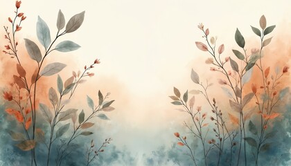 Abstract art illustration with soft botanical landscape theme. Delicate plants, leaves, tiny flowers emerge from subtle watercolor washes. Warm peach, orange tones blend into cool teal, blue. Serene,