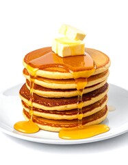 Stacked pancakes with butter and syrup