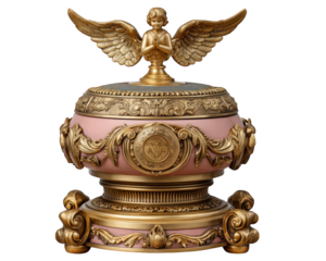 Ornate music box with golden angel figurine and wings, pink and gold decorative details, vintage holiday element, elegant and joyful collectible