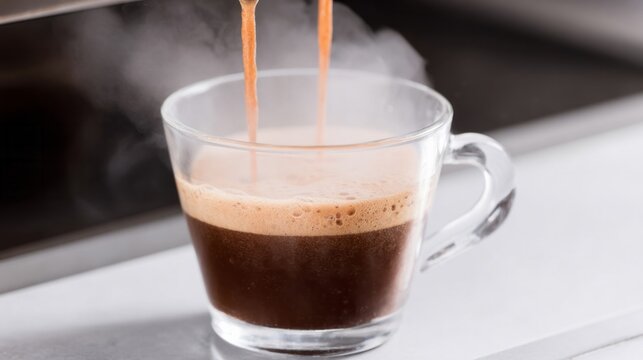 Steaming espresso cascades into elegance, evoking Hygge warmth and International Coffee Day joy, in a glass of aromatic revelry