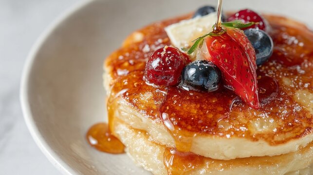 Fluffy pancakes cascade with syrupy nectar and berries, perfect for Pancake Day or a whimsical breakfast jubilee