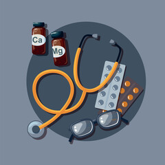Composition with stethoscope, pills and glasses. Round shape. Top view