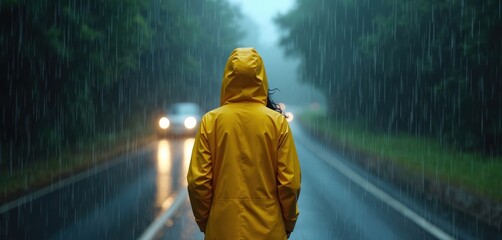 Person in yellow raincoat stands on wet road during heavy rainfall. Blurred car headlights glow in dim light. Gloomy weather, solitude, and journey themes.