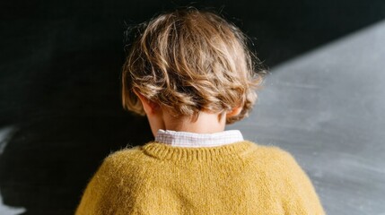 A young child with sandy curls in a mustard sweater daydreams, evoking World Dream Day and childhood wonder