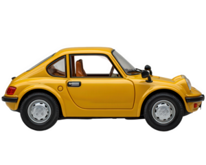 Yellow plastic model car, photorealistic toy vehicle with detailed design, side view, classic coupe style, isolated on transparency background, cheerful and nostalgic appearance