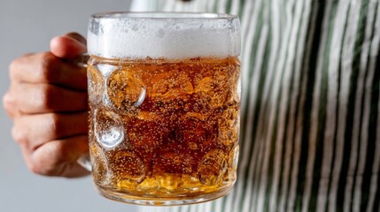 A frothy brew foams in a glass as a hand clasps Oktoberfest dreams, evoking beer lovers' playful camaraderie