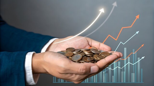 Hand Holding Coins with Digital Financial Growth Chart
