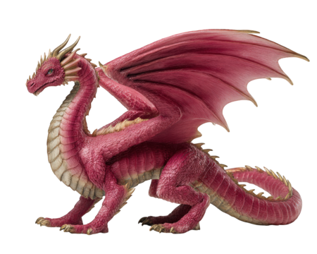 Red dragon figurine with detailed scales, golden accents, large wings, and fierce expression, fantasy creature toy for imaginative play or decoration, isolated on transparency background