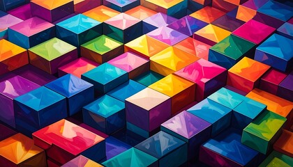 Obraz premium A vibrant, abstract composition of colorful 3D cubes arranged in a tessellating pattern, creating a dynamic and playful visual