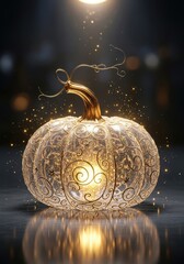 A beautiful, glowing decorative pumpkin with intricate gold filigree patterns and sparkling lights inside. Halloween, Magical Golden Pumpkin with Lights. Halloween, autumn, harvest, Thanksgiving day.
