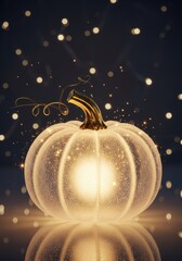 Magical Golden Pumpkin with Lights. A beautiful, glowing decorative pumpkin with intricate gold filigree patterns and sparkling lights inside. Halloween, autumn, harvest, Thanksgiving day.
