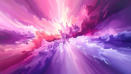 A vibrant, abstract digital illustration. Clouds explode outwards from a bright, central light source, displaying hues of pink, purple, and white