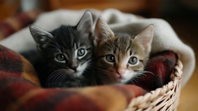 Two playful kittens with big eyes snuggling together in a woven basket lined with a warm blanket, radiating innocence and the joy of companionship in a nurturing environment.
