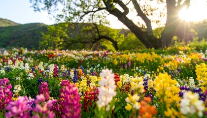 Obraz premium Vibrant wildflower meadow at sunrise