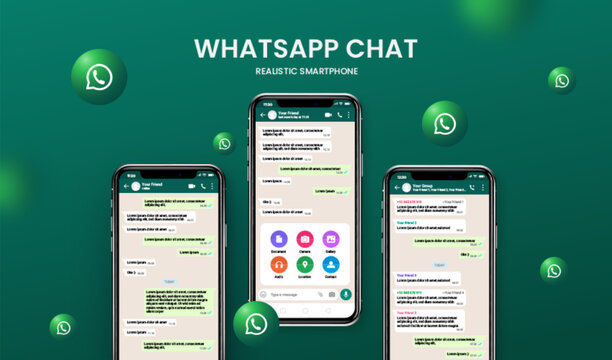 Whatsapp screen chat template interface on mobile phone mockup with 3d icons