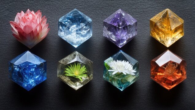 Colorful resin hexagon objects with floral inclusions