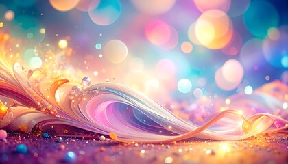 A vibrant, swirling abstract composition of pastel ribbons and glittering light. Colorful bokeh and sparkling elements create a dreamy aesthetic