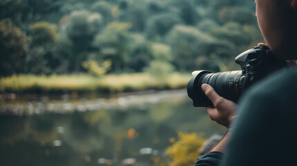 A photographer on the beach is taking a digital photo of the ocean with a camera