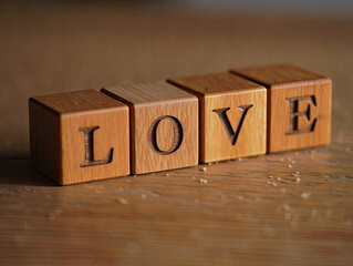 Wooden Blocks Spelling Love on a Rustic Wood Tabletop Concept