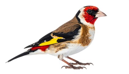 A vibrantly colored European goldfinch perches, showcasing intricate plumage against a clean, white background. The bird's features are crisp and detailed