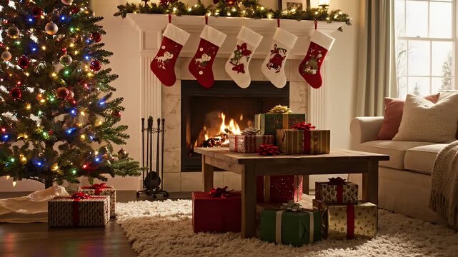 Warm Christmas Living Room with Decorated Tree, Fireplace and Gifts offers a sense of Festive joy and a serene Holiday atmosphere that is inviting
