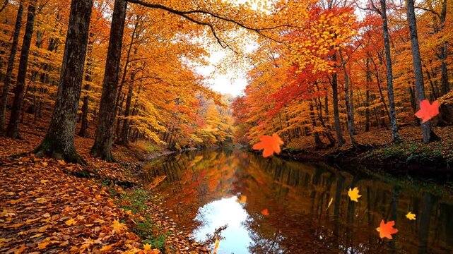 紅葉の森、静かな川面に映る天空の木々、カメラが追う