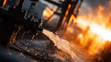 High Pressure Oil Wellhead Spray with Steel Valves at Sunset