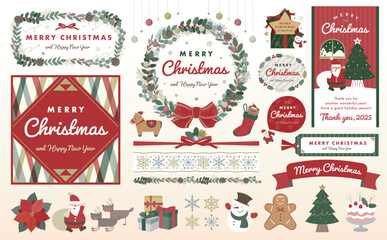 ナチュラルでおしゃれなクリスマスのフレーム:手描き感で彩る飾りや背景:葉っぱのリースやリボン、サンタクロースなど