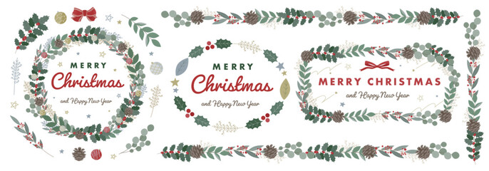 モミの木やヒイラギ、緑の枝・葉、松ぼっくりで出来たクリスマスイメージのフレーム：クリスマスリースや新年にぴったりな枠のセット