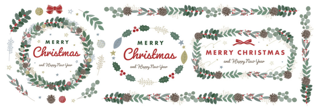 モミの木やヒイラギ、緑の枝・葉、松ぼっくりで出来たクリスマスイメージのフレーム：クリスマスリースや新年にぴったりな枠のセット