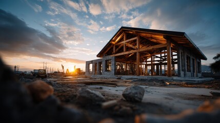 New Home Construction Perspective with Sunset Glow and Wood Framework