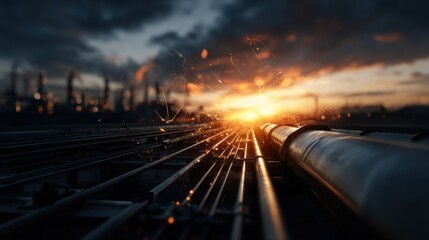 Obraz premium Photorealistic Oil Pipeline Infrastructure at Sunset with Dynamic Lighting