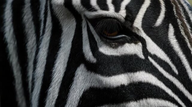 An intriguing close-up of a zebra's face, showcasing the unique pattern of its stripes and exuding a sense of wild grace and elegance in the animal kingdom.