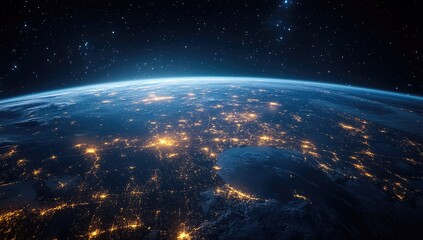 Earth at night, glowing cities, space view, dark
