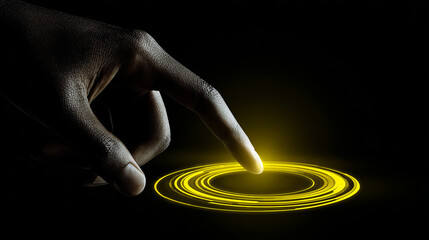 Close-up view of a human hand touching and interacting with a bright yellow circular digital interface icon, futuristic user interface design