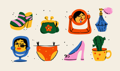 A vibrant and trendy set of doodle illustrations celebrating retro beauty and women's self-care. This quirky art features vintage accessories, makeup, and playful icons.