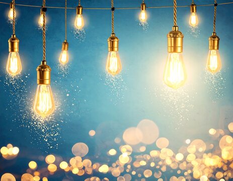 Vintage Edison bulbs hanging from a rope, against a blue background with bokeh lights - Powered by Adobe