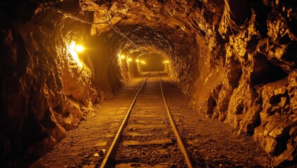 Naklejka premium Dark mine tunnel with rails, lit by yellow lamps