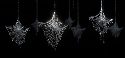 Several glistening spiderwebs hang in the darkness, each adorned with water droplets