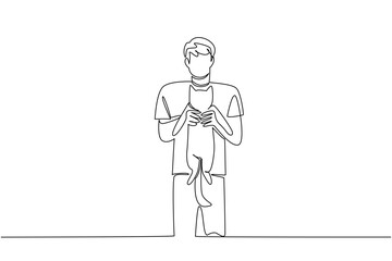 Single one line drawing a man holding a cat. Play all day at home with the favorite cute animals. Adorable cat. Friendship. International Hug Your Cat Day. Continuous line design graphic illustration