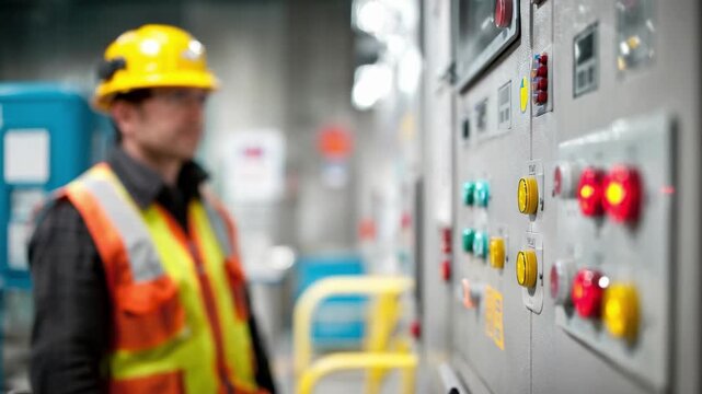 Industrial control panel with red and yellow buttons, and a blurred worker in a hard hat and safety vest in the background.