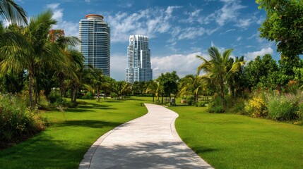 Fototapeta premium Miami South Pointe Park: A Beautiful Beachside Attraction with Colorful Architecture and Lush Greenery
