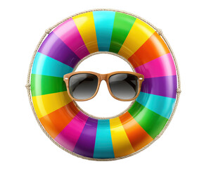 Colorful swim ring striped inflatable sunglasses summer beach pool playful accessory vacation cheerful design isolated