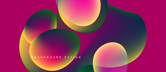 Abstract colorful shapes overlap, creating vibrant gradients. Pink background enhances visual depth, modern design aesthetic.