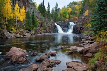 Minnesota North Shore: Illgen Falls Cascade in Autumn Landscape