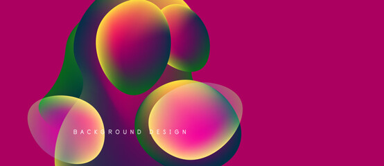 Abstract vibrant shapes overlap, creating dynamic colorful composition. Pink background enhances visual impact, modern design element.