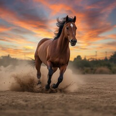 Obraz premium Brown horse running fast on sandy ground with dust clouds, sunset sky background, action shot, stock photo.