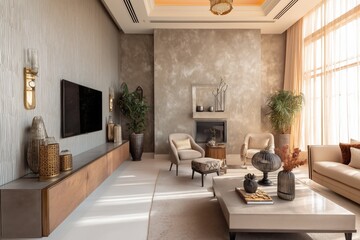 Modern private house living area with neutral tones featuring textured walls and carefully chosen decorative elements
